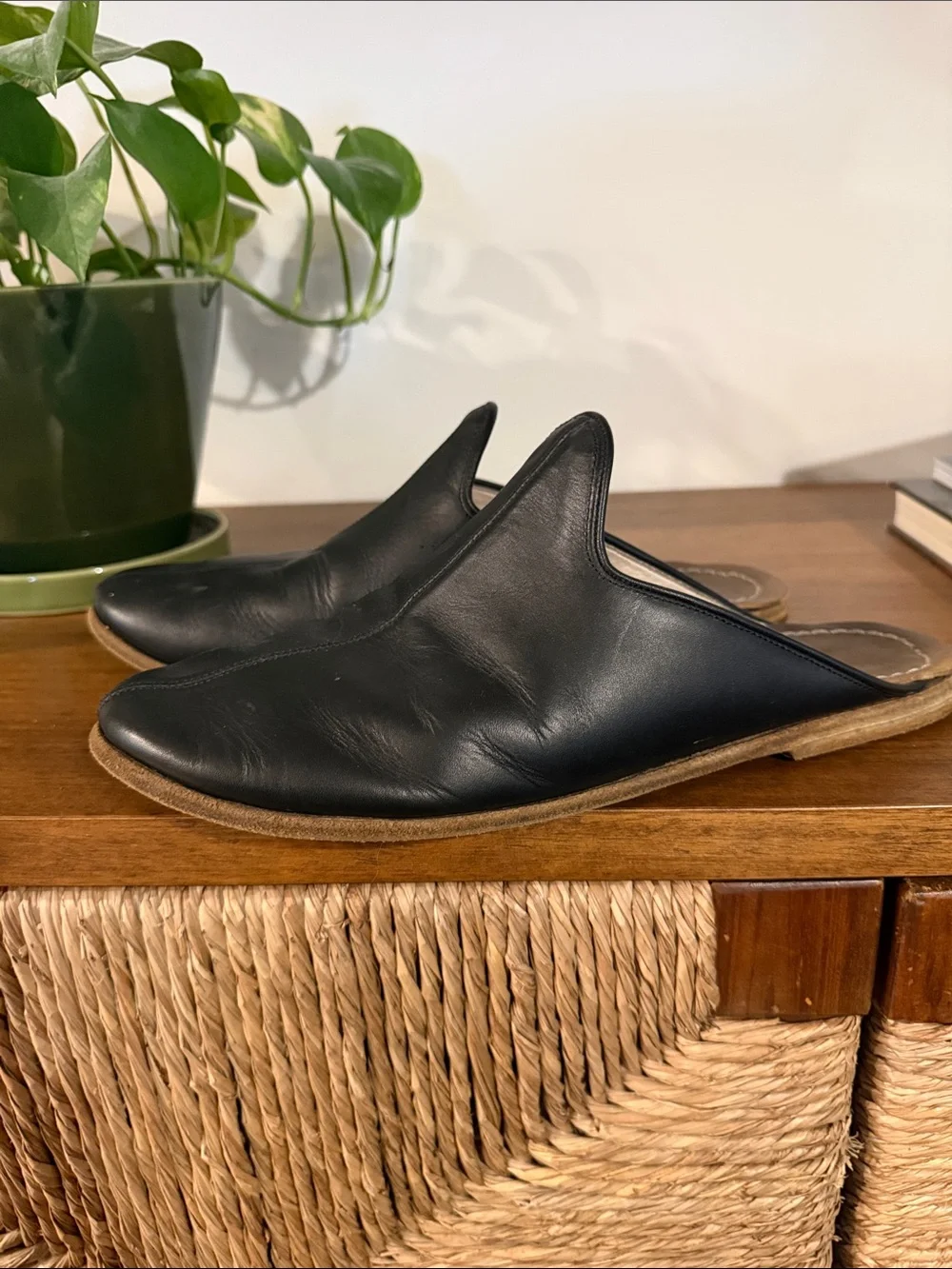 Sabah “Babah” Black all leather slip on “slides”, re-solable, good year welt